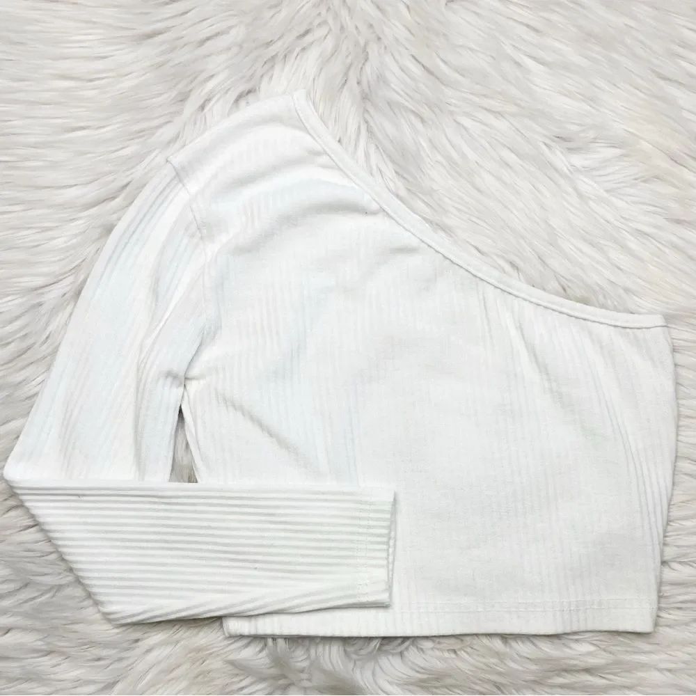 Missguided One Shoulder Ribbed Long Sleeve Crop Top White Size 2